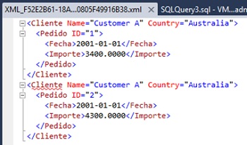 Ejemplo de consulta SQL con la cláusula FOR XML PATH sobrescribiendo el elemento ROW