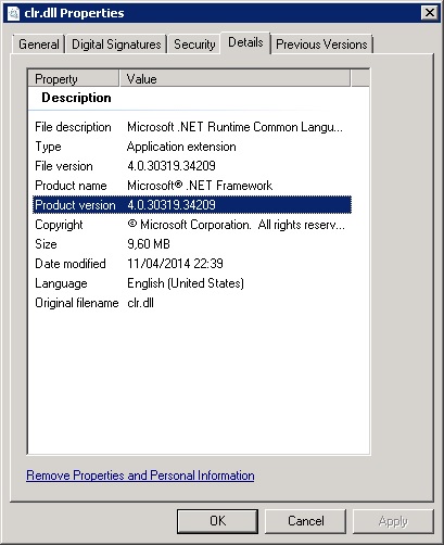 Realizado esto, hemos instalado el Microsoft .NET Framework 4.5.2 en el servidor, y reiniciado la máquina. Hecho esto, hemos vuelto a comprobar la versión de la librería clr.dll, y ahora podemos ver que tenemos disponible una versión posterior (4.0.30319.34209)