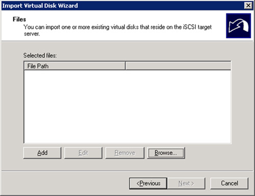 Pantalla Files del asistente de importación de Disco Virtual en Microsoft iSCSI Software Target