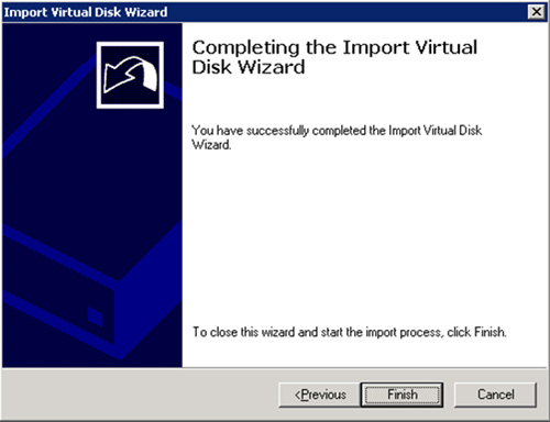 Pantalla de finalización del asistente de importación de Disco Virtual en Microsoft iSCSI Software Target
