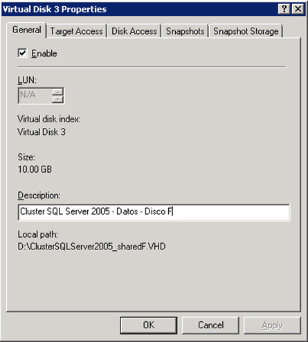 Pestaña General del diálogo de Propiedades de un Disco Virtual en Microsoft iSCSI Software Target