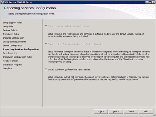 En la pantalla Reporting Services Configuration, seleccionar Install, but not configure the Report Server