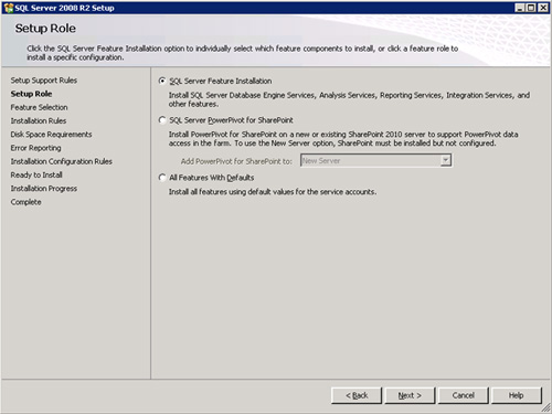 En la pantalla Setup Role, seleccionaremos la opción SQL Server Feature Installation