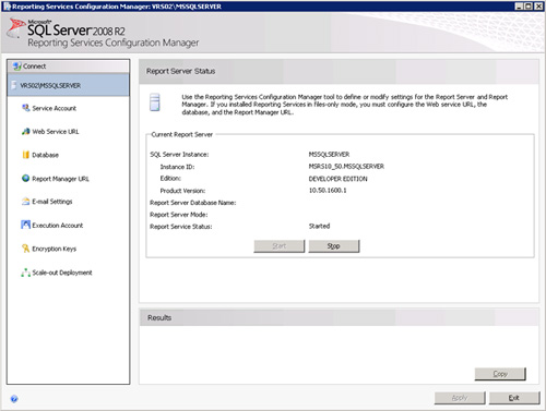 Se muestra la pantalla principal del Reporting Services Configuration Manager