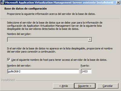 Seleccionamos la instancia de SQL Server que deseamos utilizar como Data Store del App-V Management Server