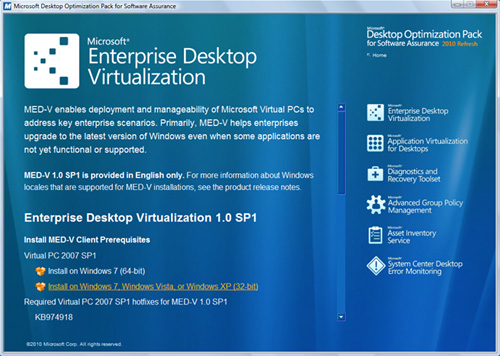 Introduciremos la media del Microsoft Desktop Optimization Pack 2010 Refresh (MDOP 2010 Refresh), y desde la pantalla de Splash, lanzaremos la instalación de Microsoft Virtual PC 2007 SP1