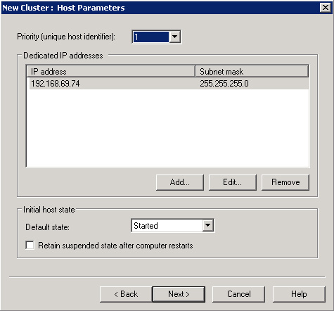 En el diálogo New Cluster : Host Parameters click Next