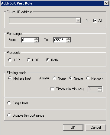 En el diálogo Add/Edit Port Rule, podemos configurar qué puertos y protocolos deseamos incluir en la regla (ej: quizás sólo necesitamos balancenar el puerto 80 TCP), así como el Tipo de Filtrado (Multiple Host, Single Host, Disable this port rage) y la Afinidad del NLB