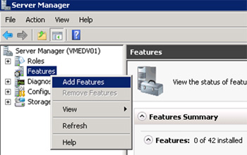 Abrimos la herramienta administrativa Server Manager, y seleccionamos la opción Add Features.