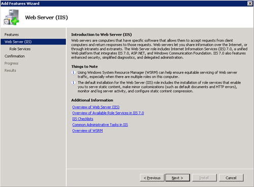 En la pantalla Web Server (IIS), click Next para continuar.