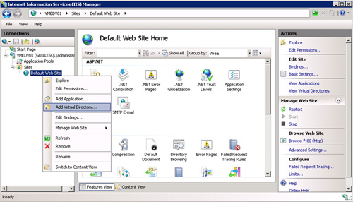 Abrir la herramienta administrativa IIS Manager, y crear un Directorio Virtual en el Sitio Web por defecto