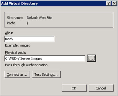 En el diálogo Add Virtual Directory, especificar el nombre deseado para el Directorio Virtual (el campo Alias), así como la ruta física (si no existe, deberemos crearla). Click OK.