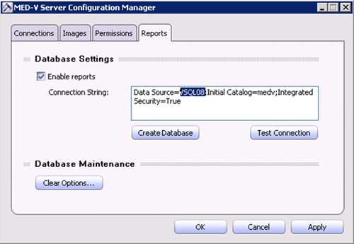 Instalamos los Microsoft SQL Server Management Objcts para SQL Server 2008 (requiere instalar previamente los Microsoft SQL Server System CLR Types). Cerramos y abrimos de nuevo la herramienta MED-V Server Configuration Manager, y en esta ocasión, ya se muestra correctamente la pestaña Reports. Modificamos la cadena de conexión, y click en Create Database.