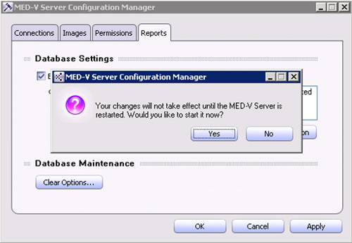 De vuelta a la pantalla principal del MED-V Server Configuration Manager, Click OK para continar. Se mostrará un mensaje indicado que es necesario reiniciar los servicios de MED-V para que los cambios tomen efecto. Click OK.