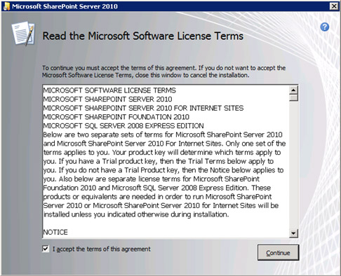 En la pantalla Read the Microsoft Software License Terms, aceptamos los terminos de licencia, y click Continue.