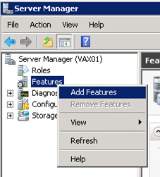 Lo primero que deberemos realizar, es instalar el Microsoft .Net Framework 3.5.1 en la máquina que actúa como AOS (VAX01.guillesql.local). Para ello, desde la herramienta administrativa de Server Manager, click en Add Features.