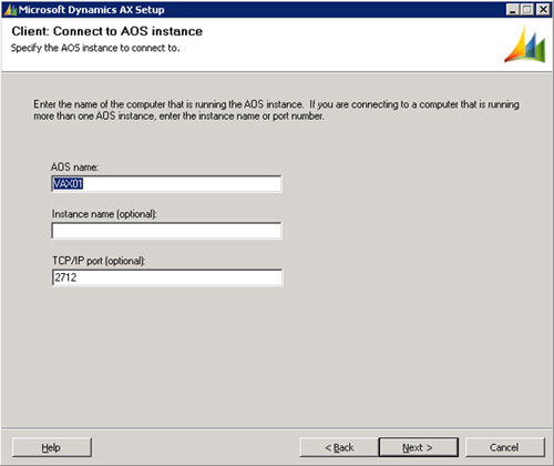 En la pantalla Client: Connect to AOS instance, seleccionaremos los datos de conexión al servidor AOS (téngase en cuenta que en estos momentos, sólo tenemos un servidor AOS instalado). Click Next para continuar.