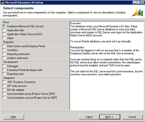 En la pantalla Select components, seleccionaremos la opción Database (Microsoft SQL Server). Click Next para continuar.