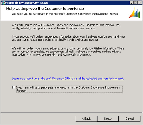 En la pantalla Help Us Improve the Customer Experience tenemos la posibilidad de tomar parte del programa de Microsoft para la mejora de la experiencia del usuario