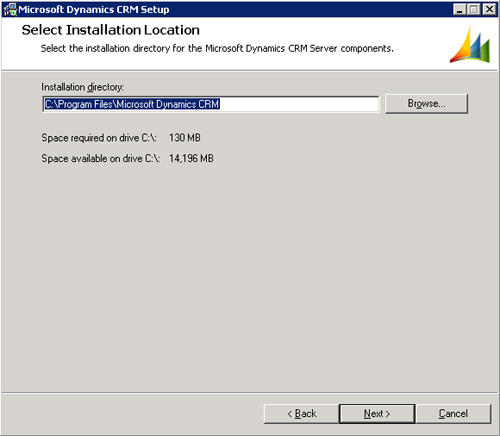 En la pantalla Select Installation Location, especificaremos la ruta sobre la que deseamos instalar Microsoft Dynamics CRM 4.0