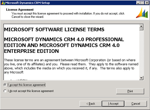 Aceptaremos los terminos de Licencia de Microsoft Dynamics CRM 4.0