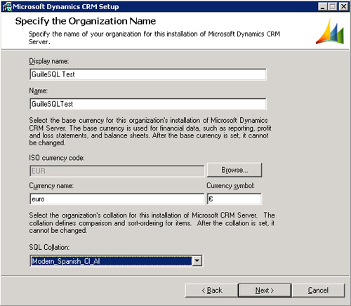 En la pantalla Specify the Organization Name indicaremos los datos básicos para la creación de una nueva organización CRM