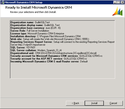 En la pantalla Ready to Install Microsoft Dynamics CRM revisamos los datos mostrados, y si está todo OK, click Install