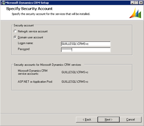 En la pantalla Specify Security Account deberemos especificar las credenciales deseadas para la ejecución del Pool de Aplicaciones de IIS encargado de la ejecución de la Aplicación Web de Microsoft Dynamics CRM 4.0