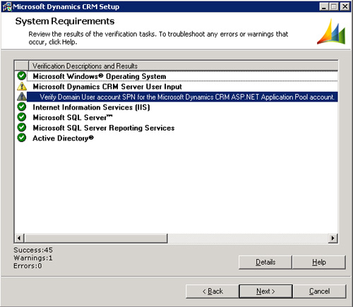 En la pantalla System Requirements es posible que se muestre un mensaje de aviso en relación con la configuración del Service Principal Name (SPN) necesaria para el funcionamiento de Microsoft Dynamics CRM 4.0