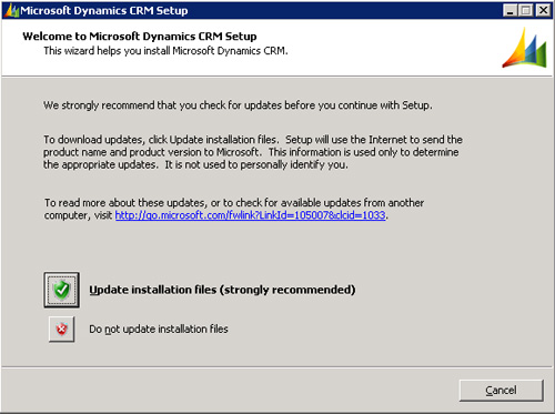 En la pantalla Wellcome to Microsoft Dynamics CRM Setup, podemos actualizar actualizaciones desde Microsoft (recomendado)