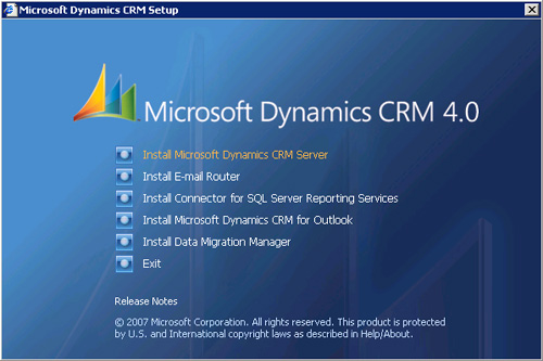 Introduciremos la media de Microsoft Dynamics CRM 4.0, y en la pantalla de Splash, click sobre Install Microsoft Dynamics CRM Server