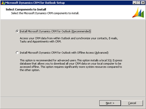 En la pantalla Select Components to Install, seleccionaremos la opción Install Microsoft Dynamics CRM for Outlook
