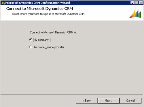 En la pantalla Connect to Microsoft Dynamics CRM, seleccionaremos que nos deseamos conectar a My company 