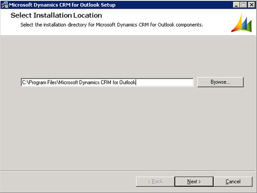 En la pantalla Select Installation Location, seleccionaremos la ruta en la que deseamos instalar el Cliente de Microsoft Dynamics CRM para Outlook