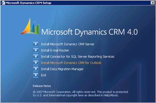 Desde la media de Microsoft Dynamics CRM, en la pantalla de Splash, seleccionaremos la opción Install Microsoft Dynamics CRM for Outlook.