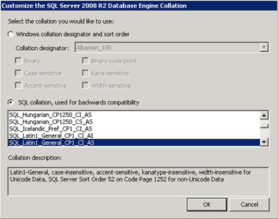 Como era de esperar, podemos elegir entre intercalación de SQL Server y de Windows.