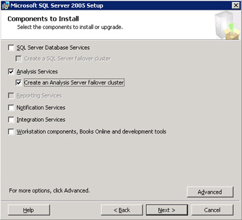 Diálogo Components to Install de la instalación de SQL Server 2005, dónde especificar qué componentes de SQL Server 2005 se desean instalar.