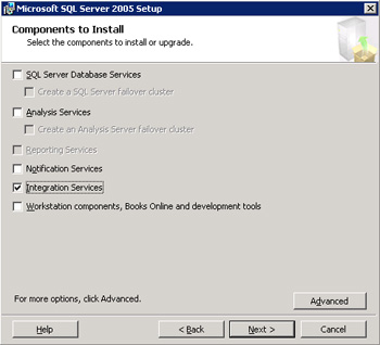 Diálogo Components to Install de la instalación de SQL Server 2005, dónde especificar qué componentes de SQL Server 2005 se desean instalar.
