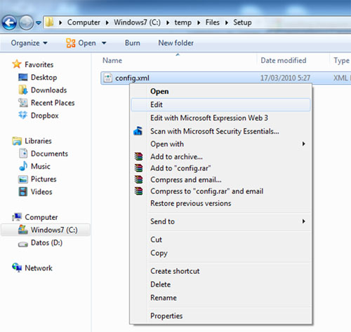 Una vez extraido, deberemos editar el fichero /Files/Setup/config.xml, por ejemplo utilizando el Explorador de Windows.