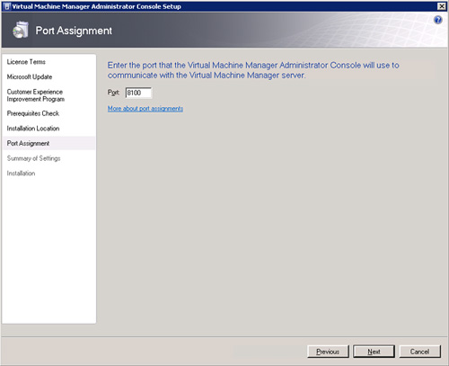 Virtual Machine Manager Administrator Console (VMM Console) Setup - Port Assignment