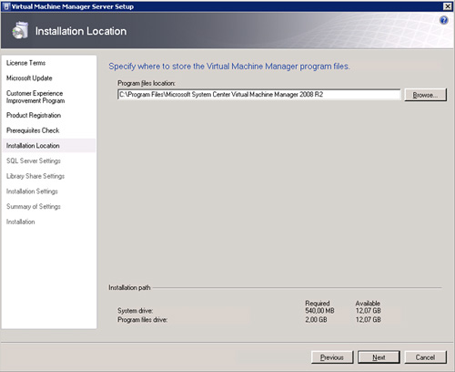 Virtual Machine Manager 2008 R2 Setup - Installation Location