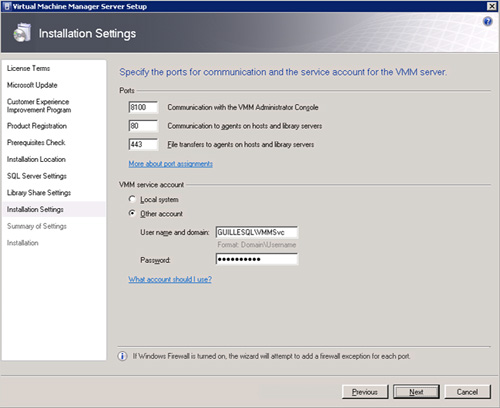 Virtual Machine Manager 2008 R2 Setup - Installation Settings - TCP Ports y VMM Service account