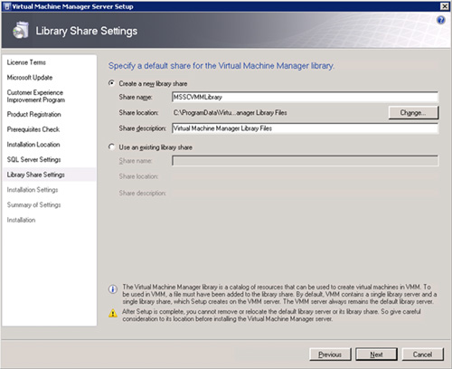 Virtual Machine Manager 2008 R2 Setup - VMM Library Server y Library Share Settings