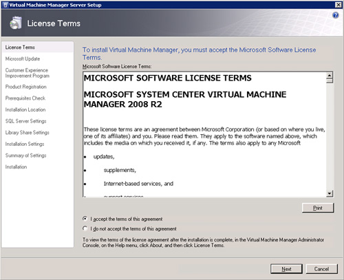 Virtual Machine Manager 2008 R2 Setup - License Terms