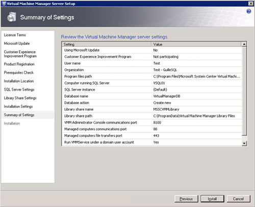 Virtual Machine Manager 2008 R2 Setup - Summary Settings