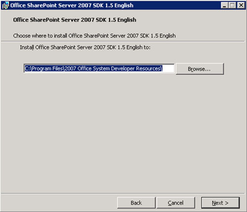 Especificamos la ruta de instalación del Office SharePoint Server 2007 SDK