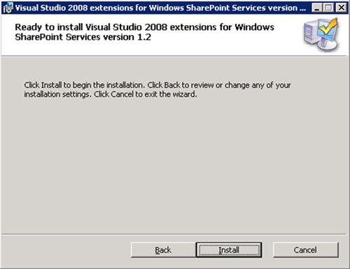 Click Install para realizar la instalación de las Visual Studio extensions for Windows SharePoint Services (VSeWSS).