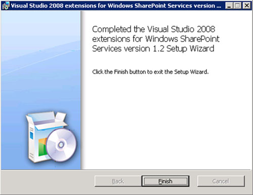 Barrita de progreso, y en unos instantes, ya estará instalado las Visual Studio extensions for Windows SharePoint Services (VSeWSS). Click Finish.