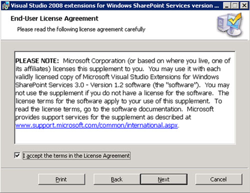 Aceptamos los términos de licencia de las Visual Studio extensions for Windows SharePoint Services (VSeWSS).