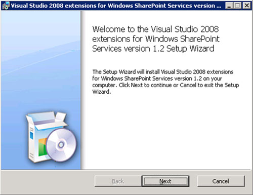 Por lo tanto, una vez instalado Visual Studio 2008 instalaremos la Extensiones de Visual Studio para Windows SharePoint Services, que podemos descargar gratuitamente desde la Web de Microsoft. En nuestro caso, se trata del ejecutable VSeWSSv12.exe (Visual Studio 2008 extensions for Windows SharePoint Services v1.2). Su instalación es muy sencilla. En la pantalla de Splash, click Next